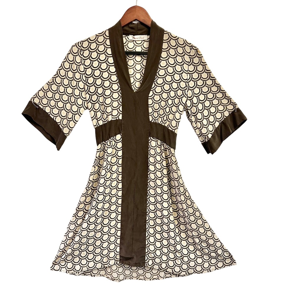 Geren Ford 100% Silk Geometric Brown/Tan Kimino Midi Dress SZ Xtra Small
